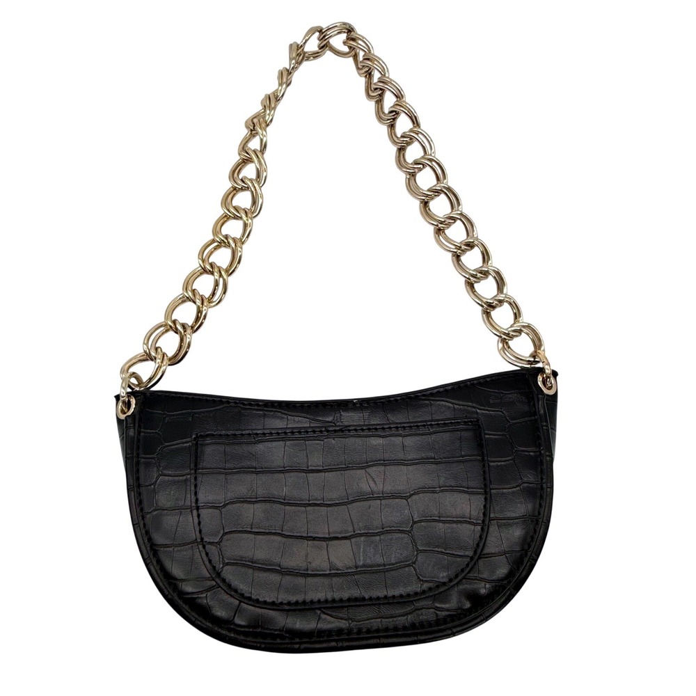 Zara Black Faux Croc Embossed Baguette Shoulder Bag Gold Chunky Chain Link Strap